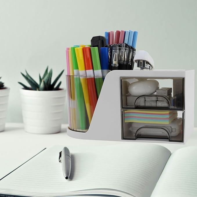 Desk Organizer with Rotating Pencil Pen Holder and 2 Small Drawers, Desk Caddy for Office Workspace Organization and Storage (White)