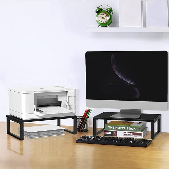 NORCEESAN 2 Pack Monitor Stand Riser Wood Desk Shelf with Storage, Laptop Stand Riser Computer Stand for Desk Shelf Organizer Desktop Printer Table for PC Laptop Fax Monitor Lift, Black