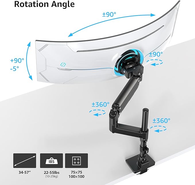 BEWISER Heavy Duty Monitor Arm for 34-57 inches Screens,Weight Capacity Up to 44 lbs,Full Motion Height Swivel Adjustable Ultrawide Monitor Arm (Black)