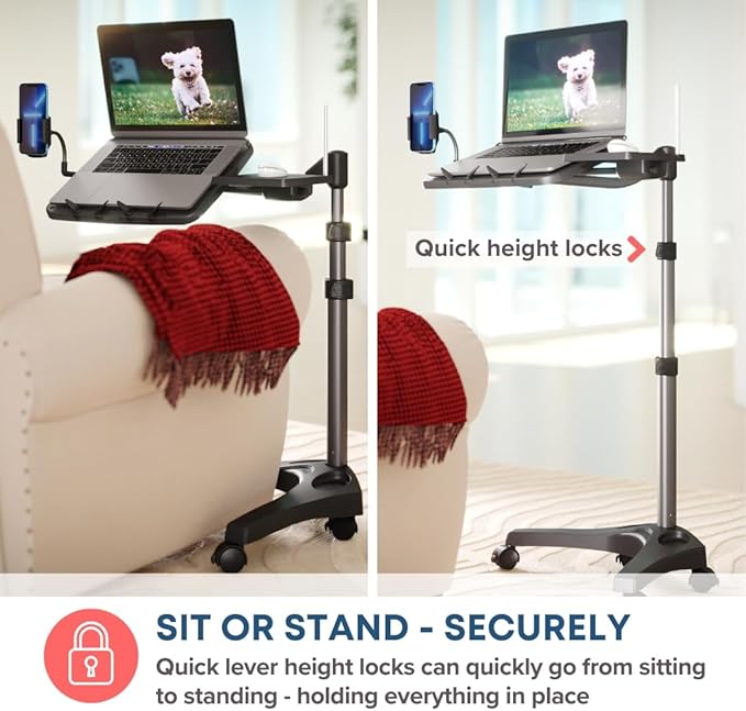 LEVO G2 V16 Rolling Laptop Workstation Stand Cart with Mouse Tray and Phone Holder for Bed Couch Recliner or Chair, Adjustable Mobile Desk for Remote Office Reading and Study