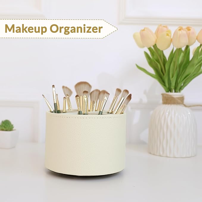 SKYDUE Rotating Pencil Pen Holder, PU Pen Organizer with 4 Slots - Desk Organizer and Accessories for School, Home, Office Supplies