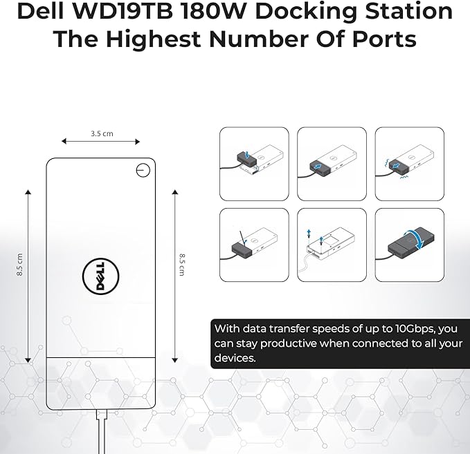 Dell WD19TBS Thunderbolt Docking Station with 180W AC Power Adapter (130W Power Delivery) + HDMI Cable + DisplayPort Cable + USB C to C Cable + Microfiber Cloth Included
