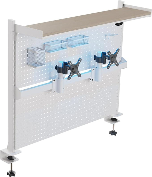 EUREKA ERGONOMIC Desk Pegboard with Dual Monitor Stands, LED Metal Pegboard for Gaming Desk, Privacy Panel with 4 Accessories Modular Hanging, Computer Accessories for Office, 43 x 34 Inch, White