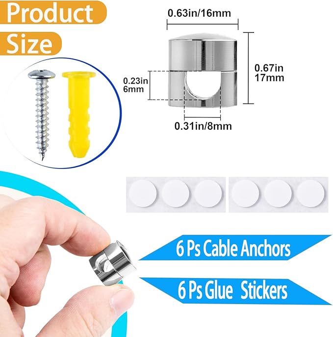 6 Sets Charger Cord Holder, Silver Metal Adhesive Cable Management Clips,Adjustable Cable Anchor Holders,Wire Organizer for Desk, Wall, Home, Office