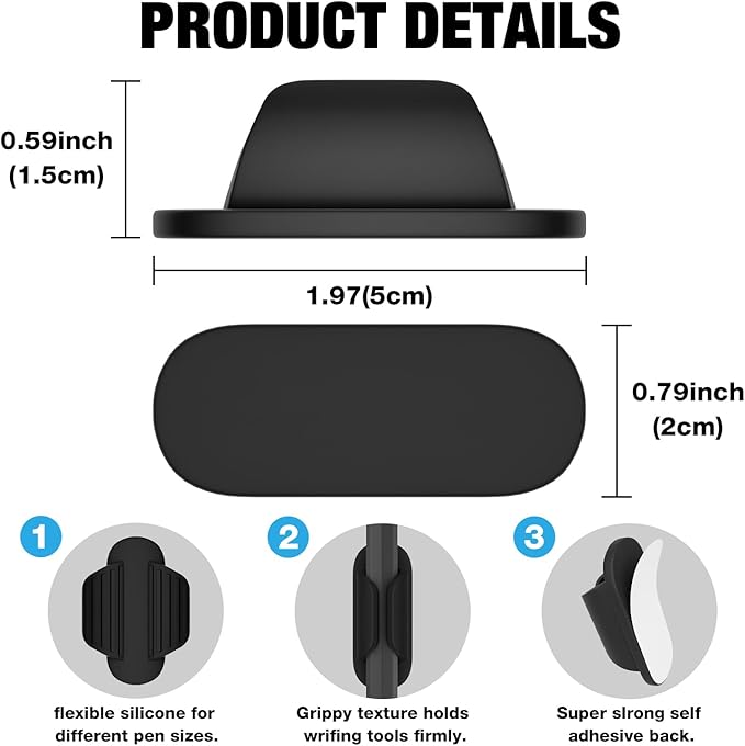 Adhesive Pencil Holders for Desk Silicone Pen Holder Organizer for Desk Accessories,Teacher Supplies for Classroom, Office, School Accessories,Notebook, WallS or Clipboards（10PCS,Black）