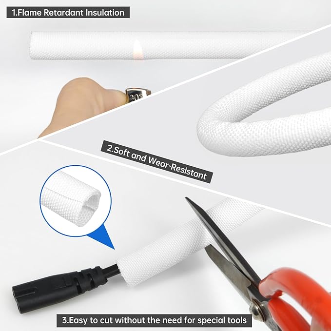 Split Braided Cable Sleeve，Flexible Wire Loom Tubing, Automotive Cord Protector Pet Proof, Cable Management for Computer TV Electric Wires Harness 16ft (White, 30mm（1-3/16")