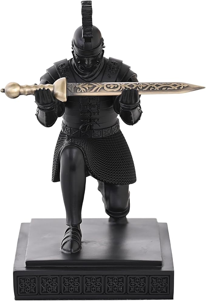 Roman Praetorian Warrior Knight Pen Holder Desk Ornament Resin Pencil Holder Desk Accessories and Organizer for Office with a Letter Opener (Black)