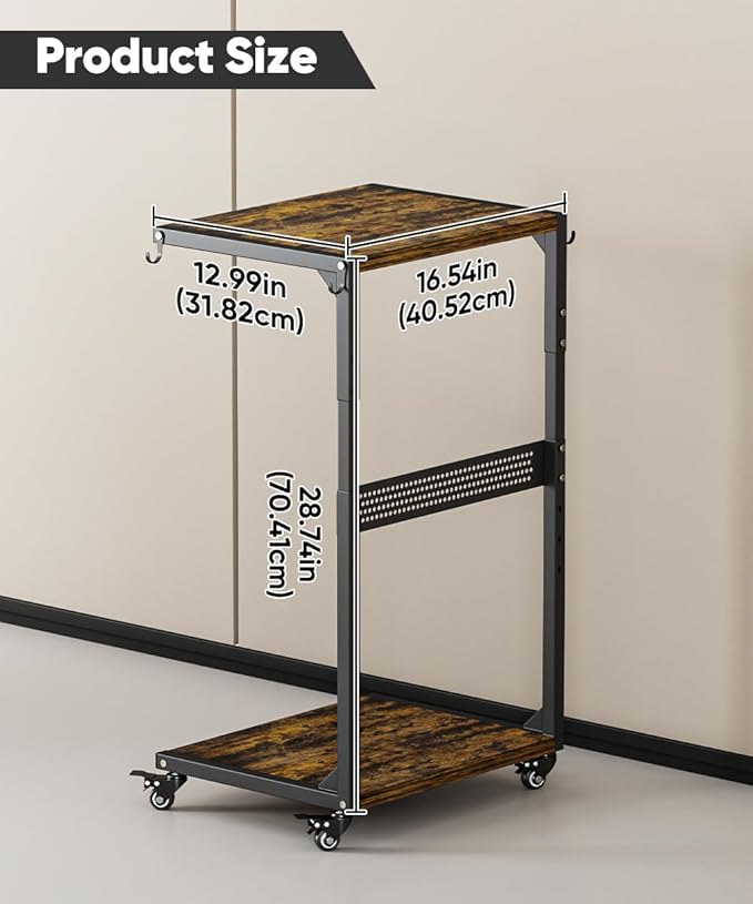 Computer Tower Stand, 2-Tier Metal CPU Holder Stand with Lockable Wheels, Adjustable Under Desk PC Shelf, Mobile Rolling Computer Cart for Home, Office, Gamers and Students, Black