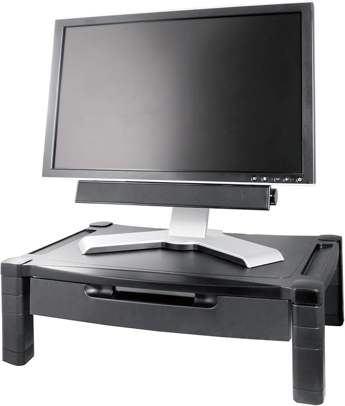 Kantek Wide Deluxe Two-Level Monitor Stand With Drawer, 20" X 13.25" X 3" To 6.5", Black, Supports 50 Lbs
