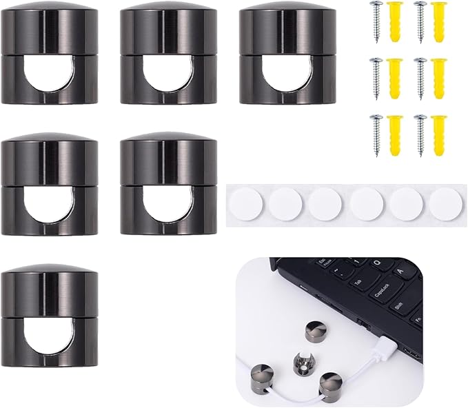 6 Sets Charger Cord Holder, Glossy Black Metal Adhesive Cable Management Clips,Adjustable Cable Anchor Holders,Wire Organizer for Desk, Wall, Home, Office