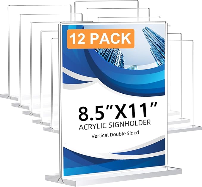 12 Pack Acrylic Sign Holder 8.5 x 11, Double-Sided Clear Sign Holder Plastic Stands for Display, T Shape Acrylic Table Sign Stands for Office Store Restaurants Wedding Party Decoration