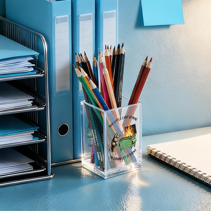 This Little Light Of Mine I'm Gonna Let It Shine Acrylic Cosmetic Pencil Holder Cup, Funny Raccoon Dumpster Fire Pen Holder Gifts For Women Men Friends HR Doctor, Office Gifts for Coworkers