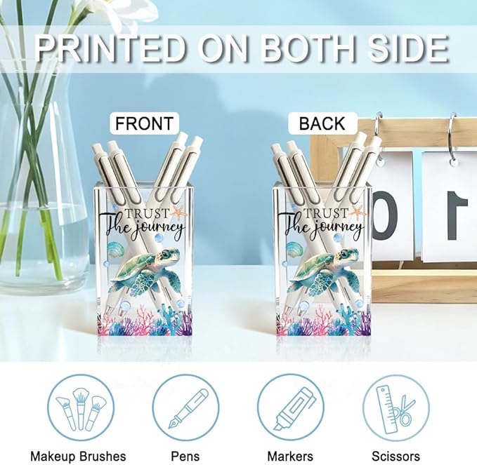 Trust The Journey Acrylic Pencil Holder Cup, Inspirational Gifts for Friends Coworker, Funny Sea Turtle Pen Holder for Women Girls Turtle Lover, Pencil Cup for Desk, Marker Makeup Organizer