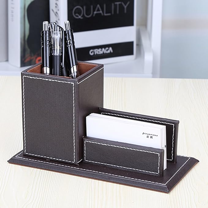 KINGFOM PU Leather Desk Organizer and Accessories, Pencil Holder for Desk with Business Cards Stand, School Office Supplies Collection Caddy Brown