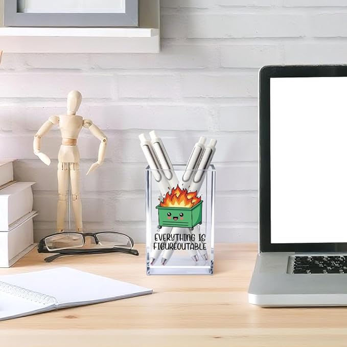 Everything is Figureoutable Acrylic Cosmetic Pencil Pen Holder Cup, Emotional Dumpster Fire Pencil Pen Holder Cup, Therapy Gifts, Mental Health Gifts for Women Colleague Boss Teacher