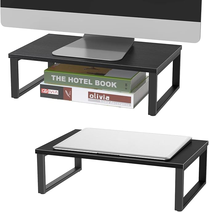 NORCEESAN 2 Pack Monitor Stand Riser Wood Desk Shelf with Storage, Laptop Stand Riser Computer Stand for Desk Shelf Organizer Desktop Printer Table for PC Laptop Fax Monitor Lift, Black