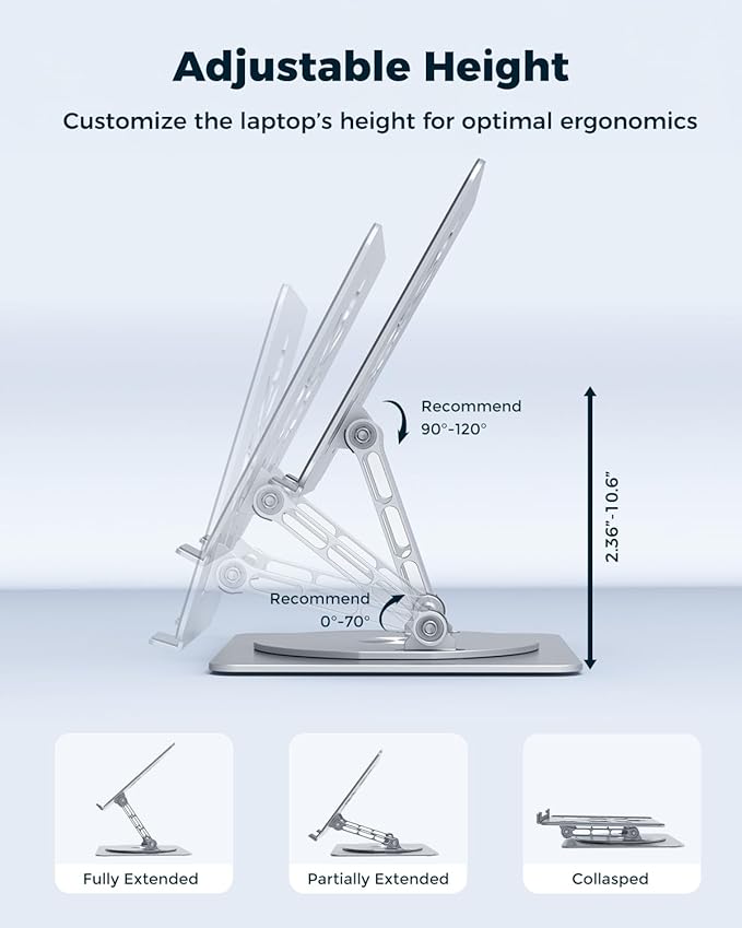 Adjustable Laptop Stand for Desk - Portable Laptop Riser with Rotating Base, Foldable Aluminum Computer Stand, Ergonomic Laptop Holder for MacBook Pro/Air Dell HP Lenovo Notebook up to 16" (Silver)