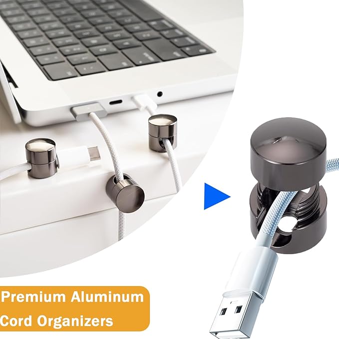 6 Sets Charger Cord Holder, Glossy Black Metal Adhesive Cable Management Clips,Adjustable Cable Anchor Holders,Wire Organizer for Desk, Wall, Home, Office