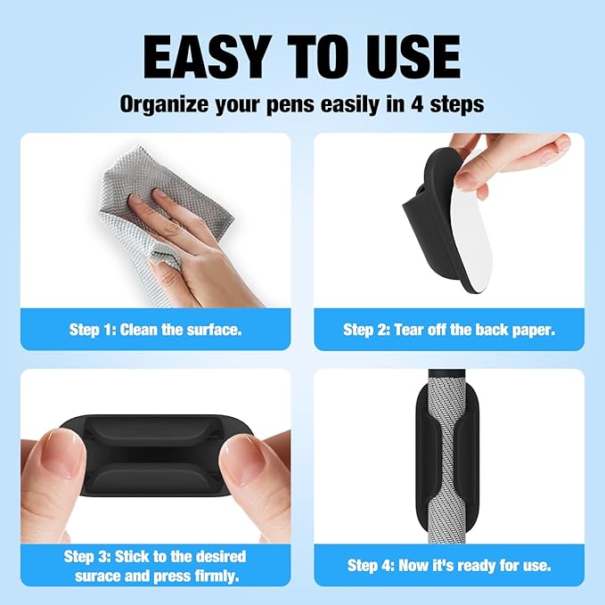 Adhesive Pencil Holders for Desk Silicone Pen Holder Organizer for Desk Accessories,Teacher Supplies for Classroom, Office, School Accessories,Notebook, WallS or Clipboards（10PCS,Black）