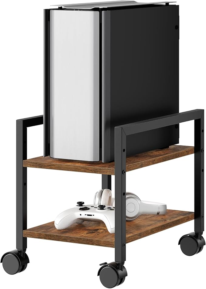 HOOBRO PC Stand, 2-Tier PC Tower Stand Fits Most Computer Towers, CPU Holder for Floor, Height Adjustable, CPU Stand with Wheels Under Desk, for Home Office, Rustic Brown and Black BF11CJ01