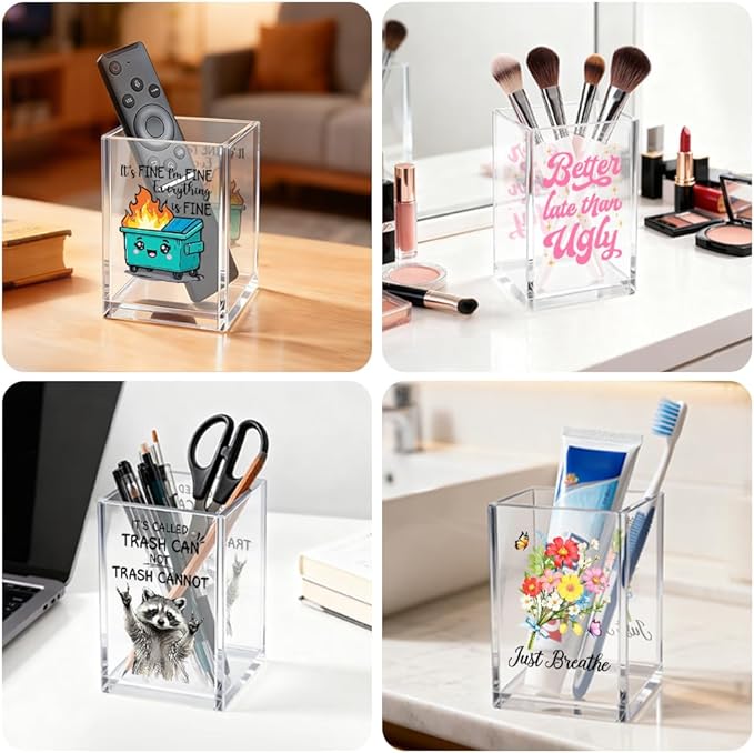 It Is Okay Acrylic Cosmetic Organizer Pen Holder, Funny Acrylic Desk Holder Cup for Pen Pencil, Mental Health Gifts for Book Lovers Staff Leader Friend, Positive Vibes Office Gifts for Coworker