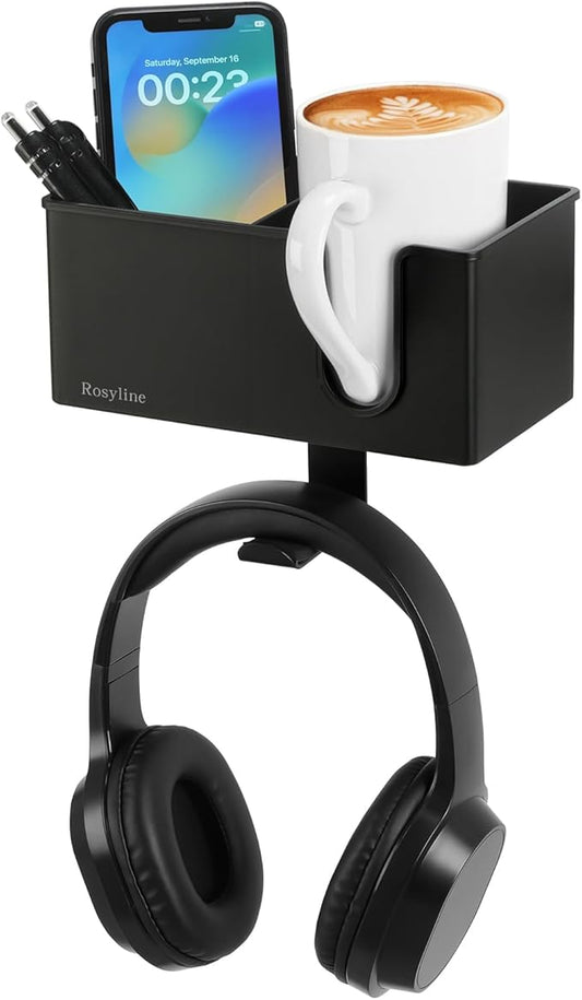 ROSLINE 3-in-1 Clip-on Desk Organizer - Pen, Headphone, and Cup Holder for Expanding Office and Gaming Space (Black)