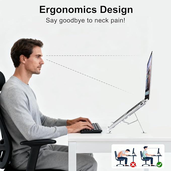 Laptop Stand for Desk, Ergonomic Portable Laptop Stand, Riser Holder Notebook Stands, Foldable Aluminum Computer Stand with Air, Pro, More 10-16” Laptops, Tablets, Phone