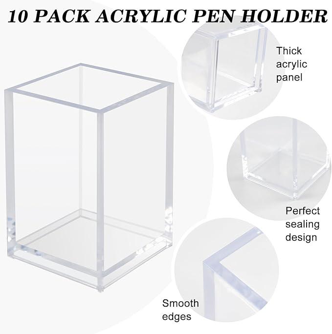 10 Pack Clear Acrylic Pen Holder for Desk, Pencil Cup Makeup Brush Organizer, Square Acrylic Pencil Holders for Office School Home Supplies, Desktop Stationery Organizer for Pens Markers Brushes