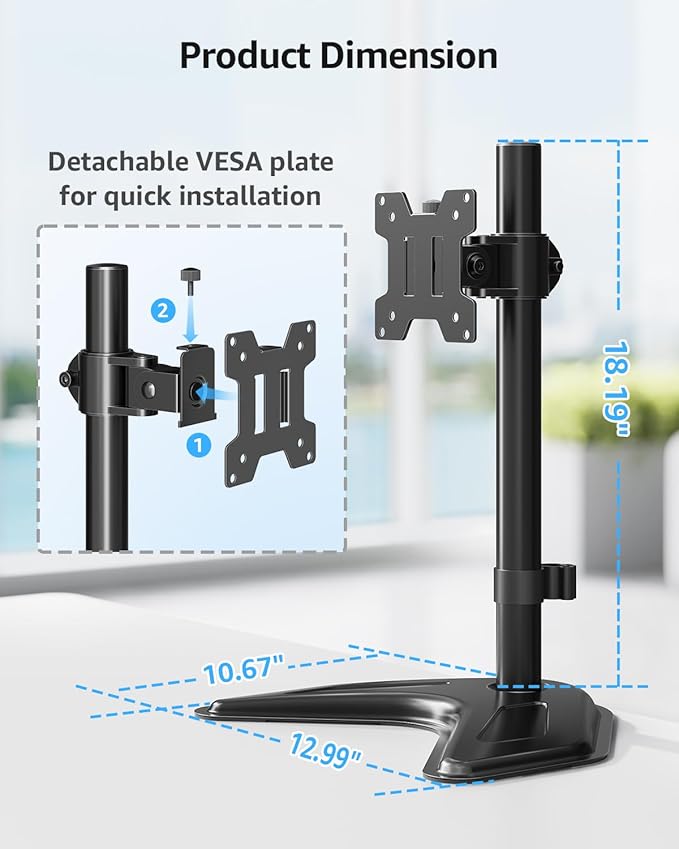 MOUNTUP Single Monitor Stands, Freestanding VESA Monitor Desk Mount fits 13'' to 32'' Computer Screen with Height Adjustable, Swivel, Tilt, Rotation, Holds up to 17.6 lbs, VESA 75x75/100x100 MU0023