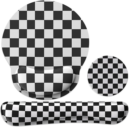 Ergonomic Mouse Pad with Wrist Rest and Keyboard Wrist Rest, Mousepad and Keyboard Pad, Non-Slip Rubber Base, Pain Relief, Mouse Pad with Wrist Support for Gaming, Computer, Office, Black Checkered
