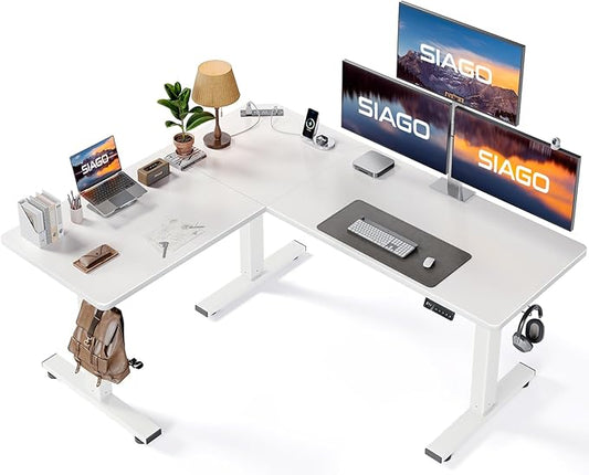 SIAGO L-Shaped Standing Desk - 63 x 55 Inch Adjustable Corner Standing Desk with Charging Station - L Shape Sit Stand Table with Memory Controller, Splice Board for Home Office