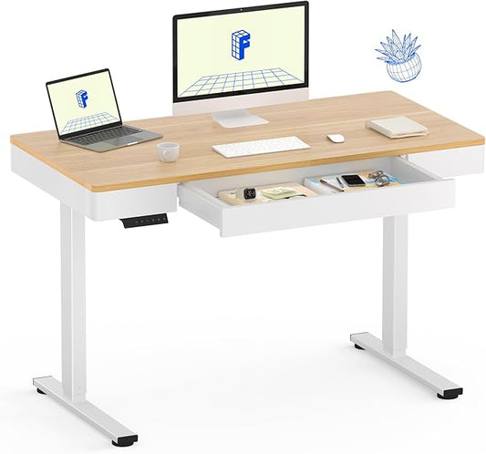 FLEXISPOT Q5 Standing Desk with Drawer, 48 x 24 Inch Electric Adjustable Height Stand Up Desk with Storage Organizer, Whole Piece Wooden Desktop for Home, Office, Computer Workstation, Maple