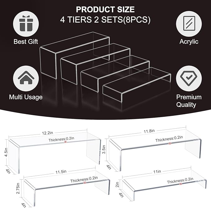 Acrylic Display Riser Stand,8Pcs 12'' Length Tier Display Stands, Thickened to 0.2''(5mm) Acrylic Shelf Risers for Perfume Display,Risers for Buffet Table,Cupcake Stand,Pop Figurines,Tumbler,Food