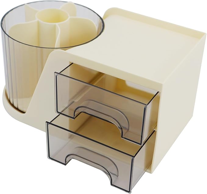 Desk Organizer with Rotating Pencil Pen Holder and 2 Small Drawers, Desk Caddy for Office Workspace Organization and Storage (Beige)