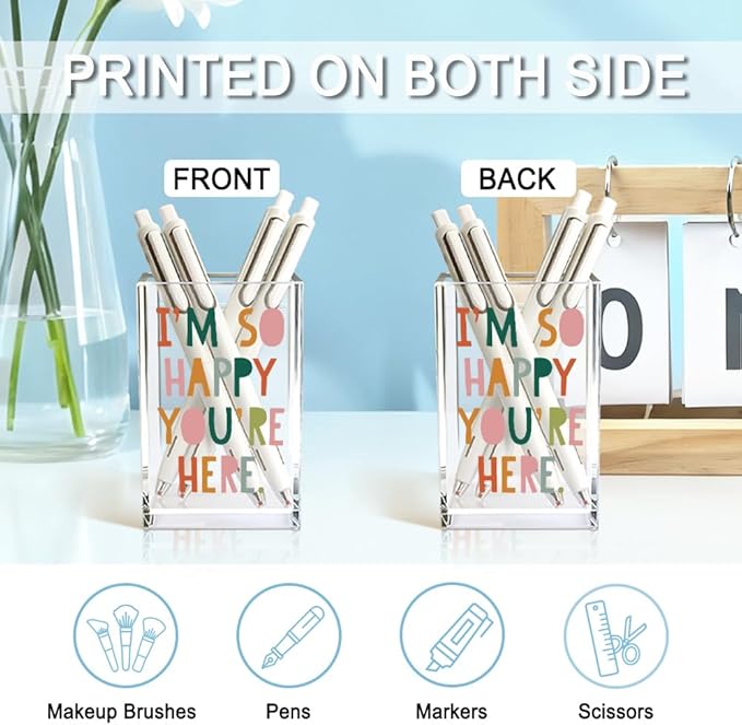 I'm So Happy You're Here Acrylic Cosmetic Pencil Holder Cup, Funny Boho Pen Holder for Women, Home Office Classroom Desk Accessories, Inspirational Gifts for Daughter, Make up Brush Organizer