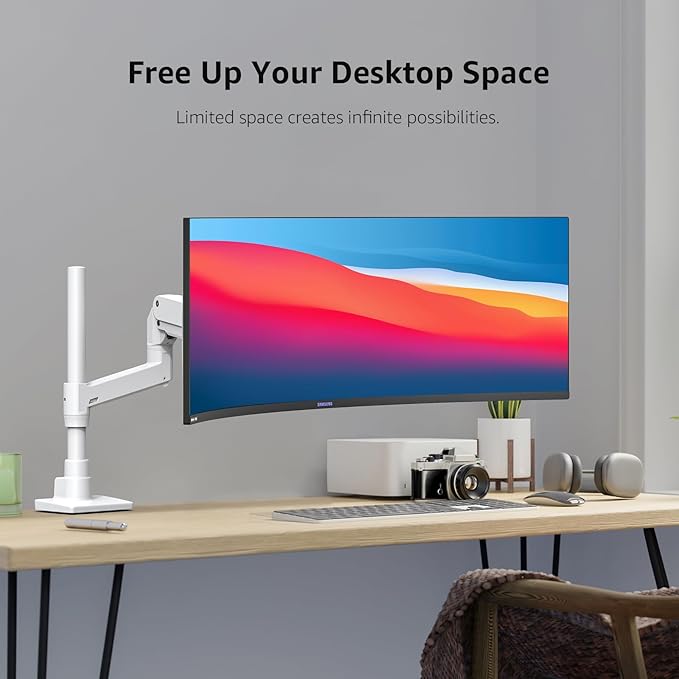 BEWISER Heavy Duty Monitor Arm for 34-57 inches Screens,Weight Capacity Up to 44 lbs,Full Motion Height Swivel Adjustable Ultrawide Monitor Arm (White)