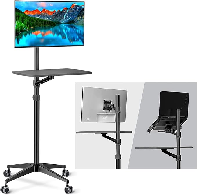 Mobile Desk Workstation,Mulitiuse Rolling Laptop Floor Stand,34"-48.6" Height Adjustable,Compatible with 17"-27" Monitor&12"-17" Laptop,21"×14" Desk Board,Maxload 17.6lbs,4 Lockable Wheels