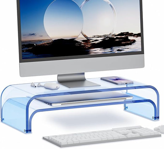 Acrylic Dual Monitor Stand Riser 2 Tier, Modular Laptop Stand for Desk, Multifunctional Desktop Organizer Shelf for PC, iMac, Printer, Detachable Monitor Stand for Office or Home, Blue