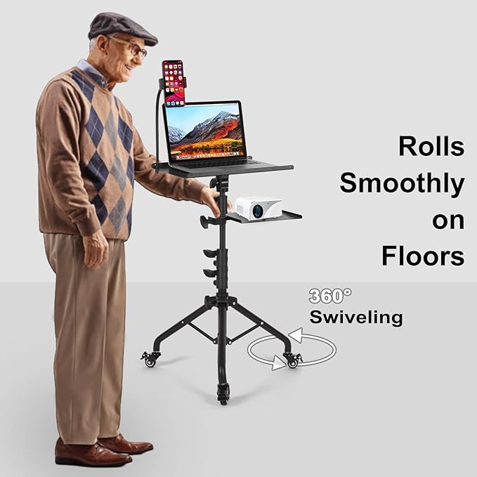 Laptop Tripod on Wheels with 2 Shelves, Portable Projector Floor Stand Adjustable Height 25.9 to 51.8 Inch with Phone Holder