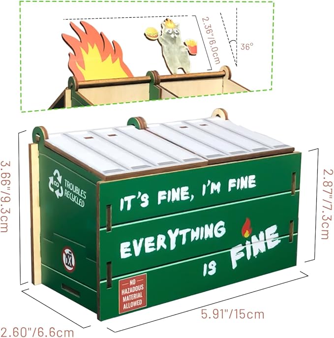 Desk Dumpster Pencil Holder - 2 compartments for office supplies - Funny Desk Office Accessories - Great Gift for Coworkers - White Elephant Gift, Everything is Fine