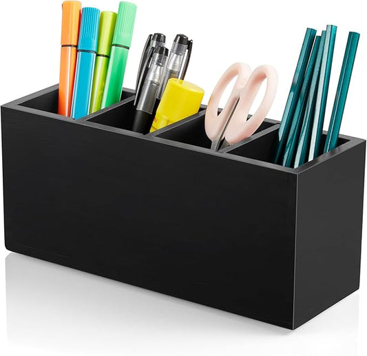 Bivvclaz Pencil Pen Holder for Desk, Wooden Office Desk Organizers and Accessories with 4 Slots for Countertop, Makeup Brush Holder Organizer for Bathroom Vanity, Silverware Caddy for Party, Black