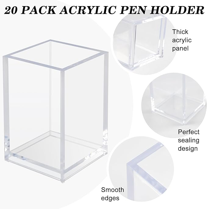 20 Pack Clear Acrylic Pen Holder for Desk, Pencil Cup Makeup Brush Organizer, Square Acrylic Pencil Holders for Office School Home Supplies, Desktop Stationery Organizer for Pens Markers Brushes
