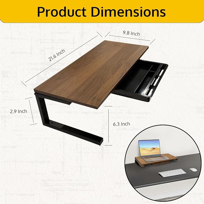Ergonomic Clamp-On Laptop and Computer Monitor Riser Stand with Drawer, 21.6 x 9.8 inch - Dark Brown|Laptop Stand for Desk, Monitor Riser, Desk Organizer, Office Desk Home Workspace