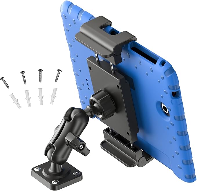 PLDHPRO Tablet Wall Mount Holder with Drill Base, Adjustable iPad Wall Mounted Stand Compatible with 5.1'' - 15.6'' Phones Tablets for Truck Dashboard Desk Kitchen Cabinet