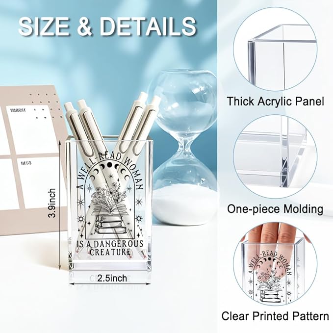 A Well-read Woman Is A Dangerous Creature Acrylic Pencil Holder Cup, Funny Floral Books Desk Organizer for Book Lover Bookish Bookworms Readers, Women Empowerment Gifts for Mom Sister BFF