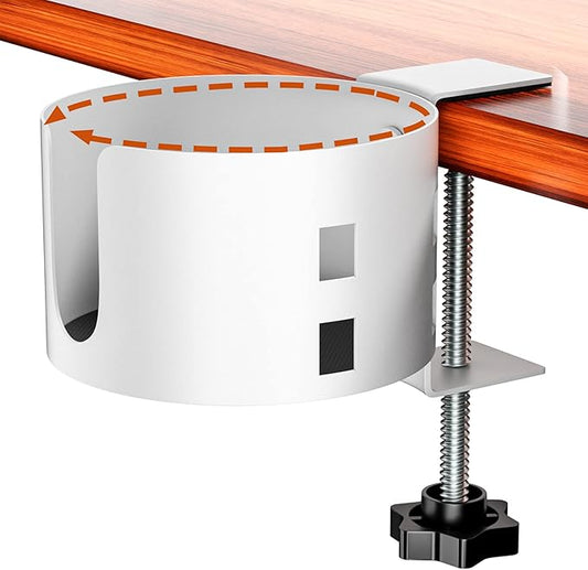 Upgraded Large Desk Cup Holder Clamp, Anti-Spill Cup Holder for Table, Durable 5 Adjustable Directions, Metal Office & PC Gaming Desk Accessories, Enough to Hold Coffee Cups, Water Bottles, White