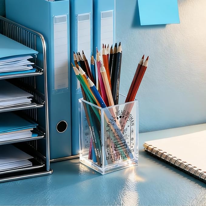 A Well-read Woman Is A Dangerous Creature Acrylic Pencil Holder Cup, Funny Floral Books Desk Organizer for Book Lover Bookish Bookworms Readers, Women Empowerment Gifts for Mom Sister BFF