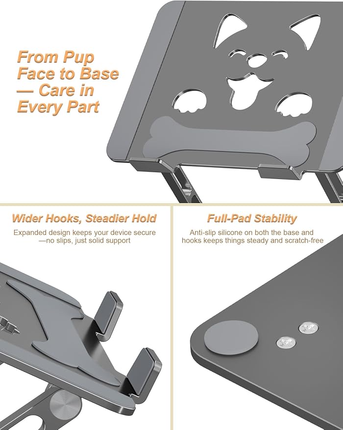 Laptop Stand for Desk – Adjustable Portable Laptop Riser, Aluminum Laptop Holder Compatible with MacBook Air Pro, Dell, HP, Lenovo (10"-17.3"), Featuring Unique Puppy Panel Design, Gray