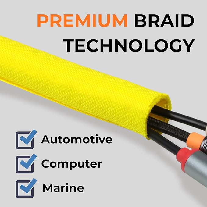 1/2 inch Split Braided Cable Management Sleeve for USB Cable Power Cord Audio Video Cable, Wire Loom Cord Protector from Cat Dog Chewing (Yellow, 25FT)
