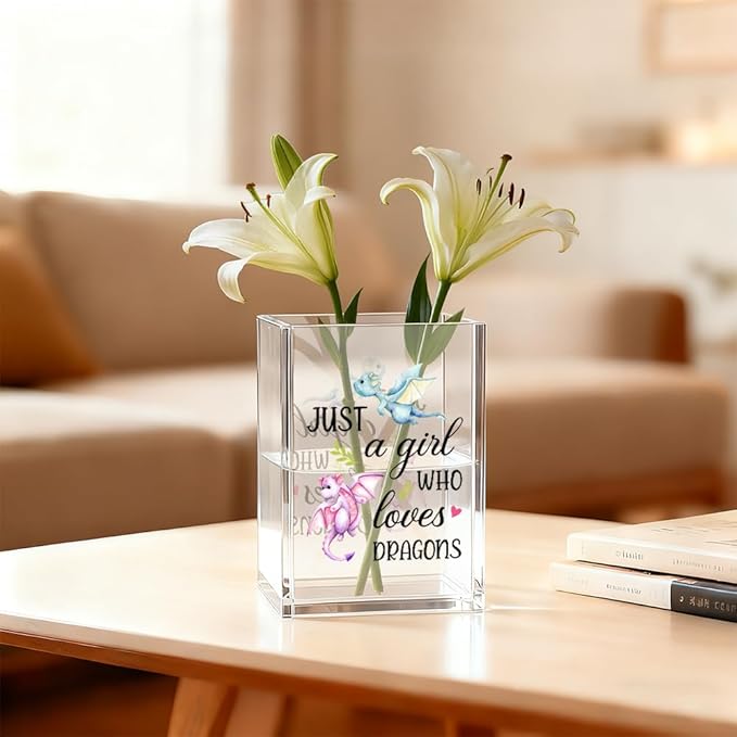 Just A Girl Who Loves Dragons Acrylic Cosmetic Organizer Pen Holder, Funny Acrylic Desk Holder Cup for Pen Pencil, Christmas Birthday Gifts for Dragon Lovers Daughter Lady Women Coworker Boss